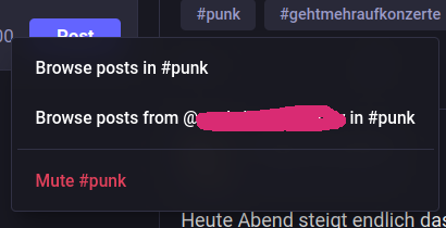 screenshot shows the menu, with the options Browse post in #punk, Browse posts from (censored account) in #punk, and in red Mute #punk